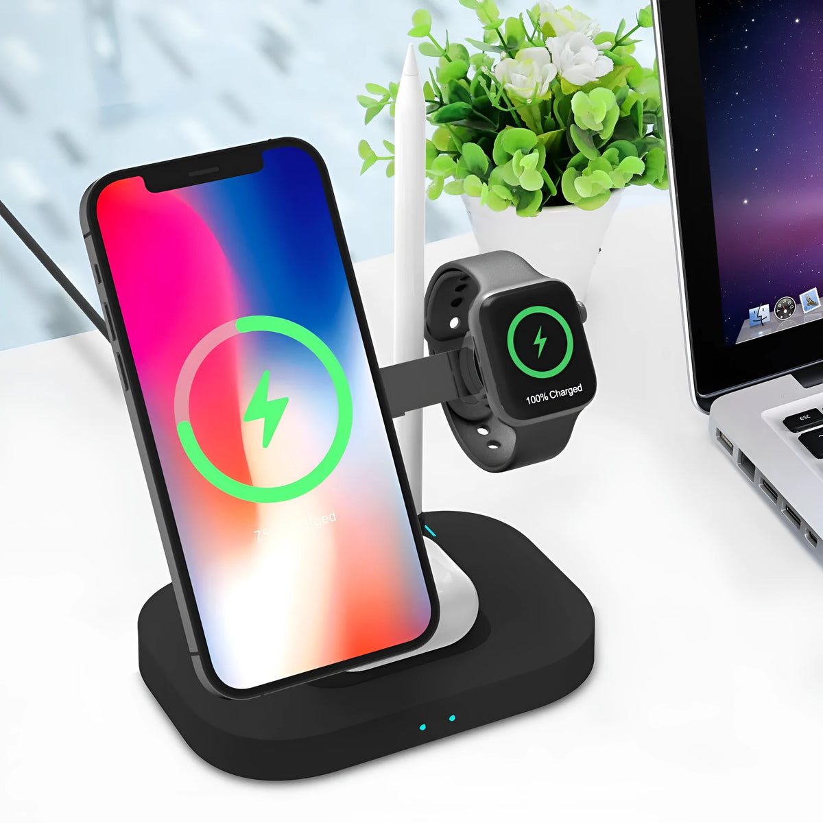 Folding wireless charger in black plastic with Type-C cable, set on a desk