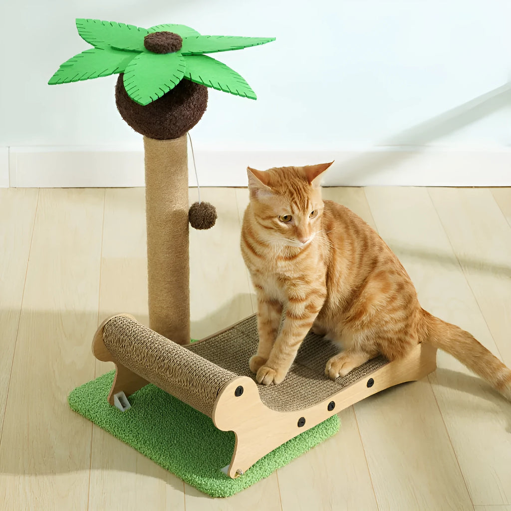Wooden beach chair design cat climbing frame with scratch board and elevated nest area