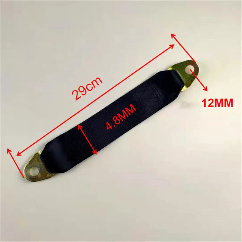 Black polyester fixing security strap with stainless steel screws and nuts for doors and windows.
