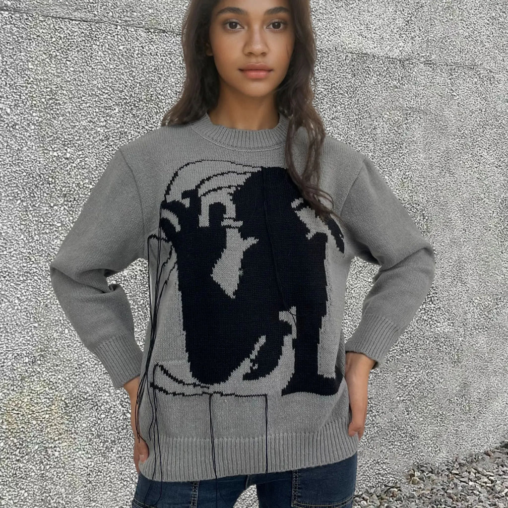 Women's loose fit alpaca wool sweater with abstract tassel design in grey colour