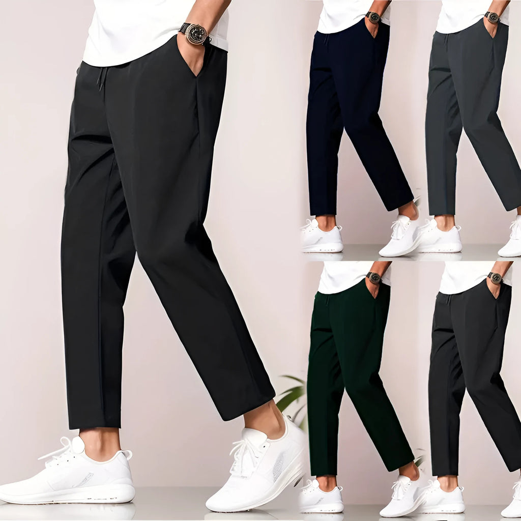 Men's slim-fit ankle length polyester trousers, mid waist tapered cropped pants in black, grey, dark green, navy blue