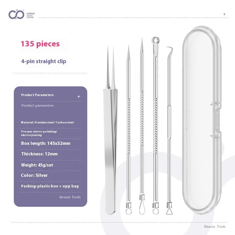 Four metal acne needle tools with pointed tips on a white background.