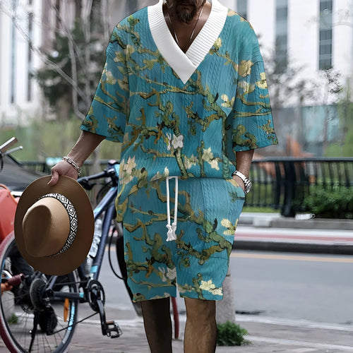 Men's peacock blue 3D printed knitted shorts suit with T-shirt and mid-length trousers
