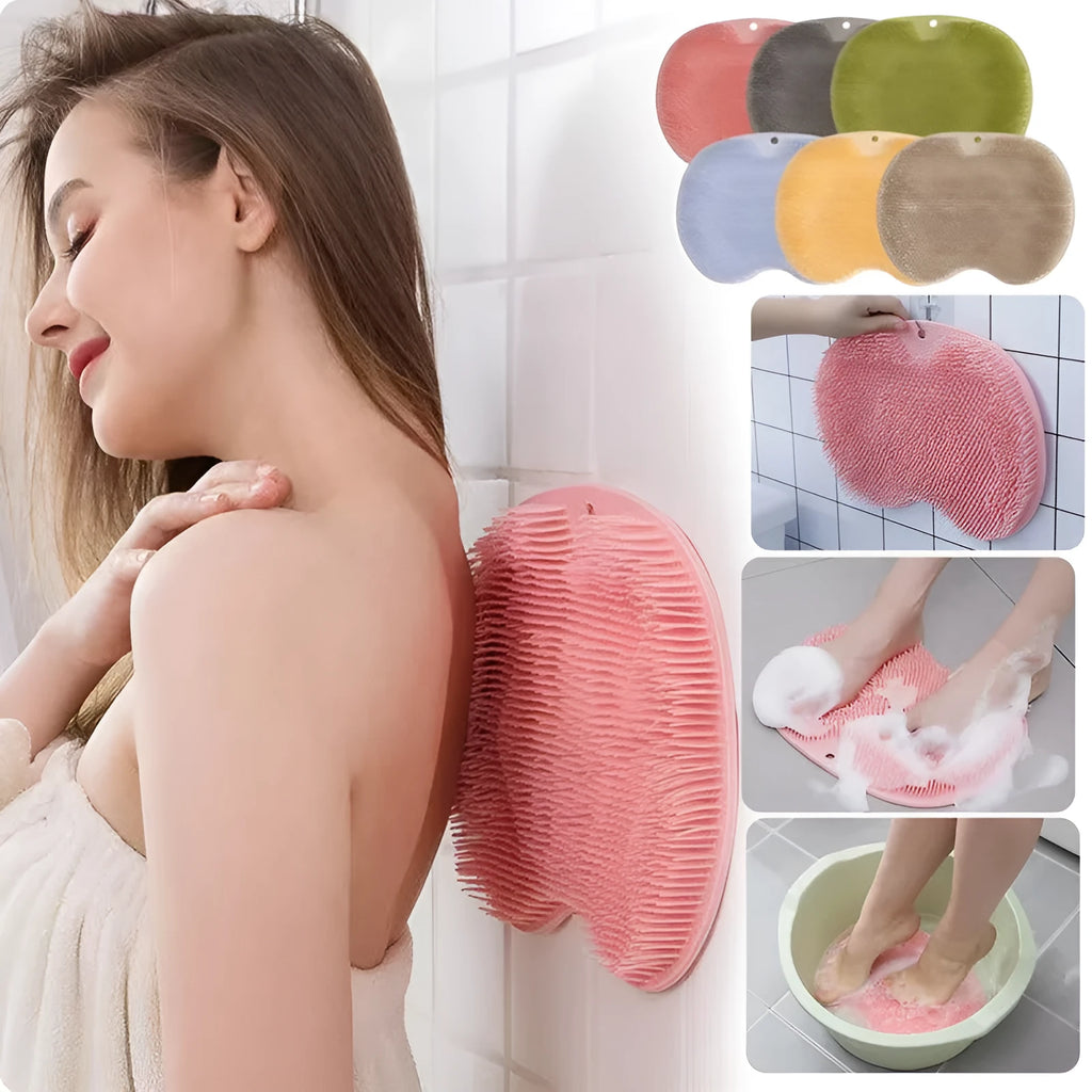Orange non-slip TPR bath mat with silicone bristles for foot massage and cleaning.