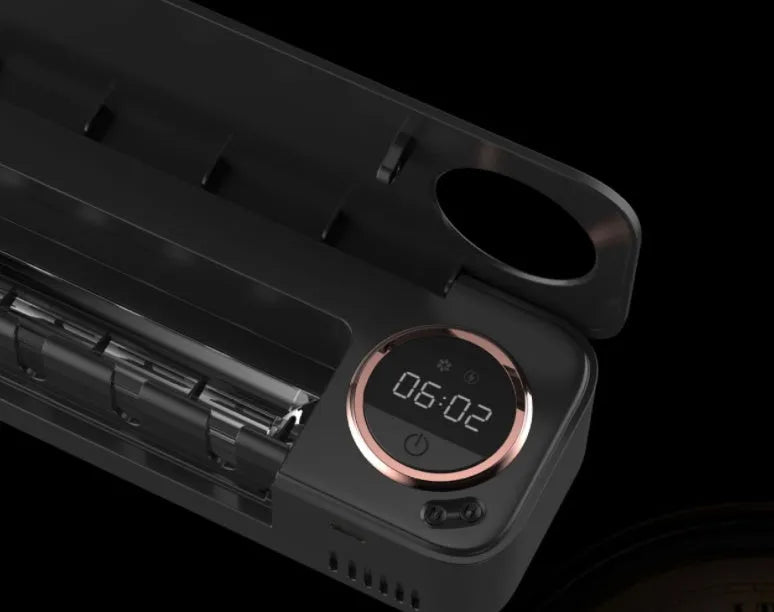 UV toothbrush holder sterilizer wall-mounted with LED display, black ABS, 217mm wide, rechargeable.