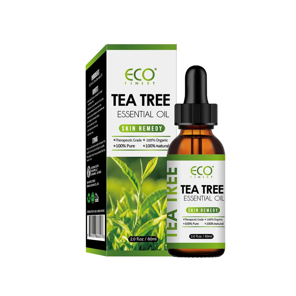 60ml glass bottle of pure tea tree essential oil for topical acne treatment and skin care.