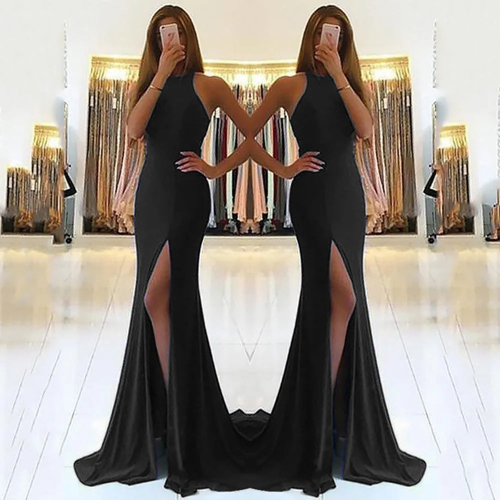 Long red evening dress with high waist, large swing skirt and hollow design elements