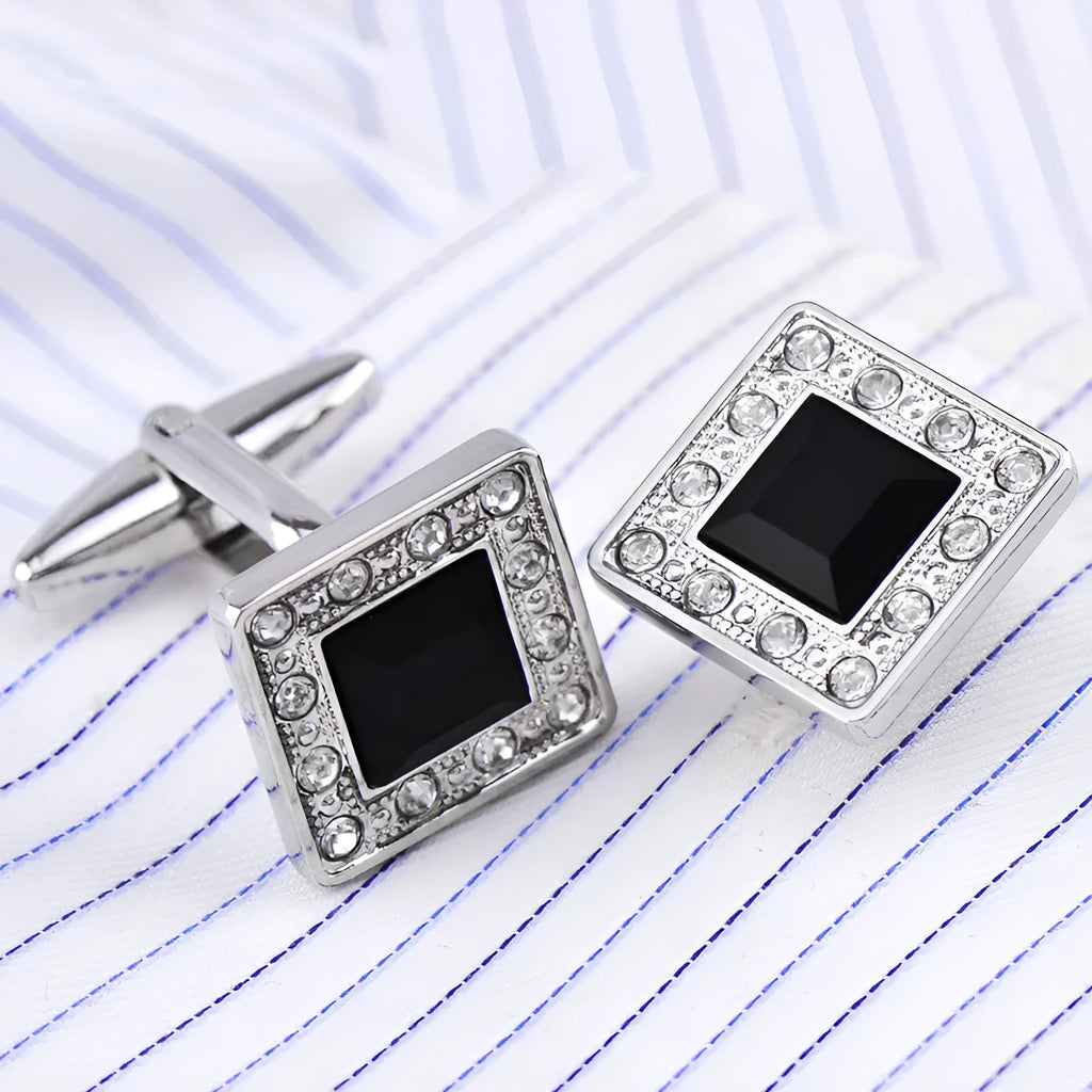 Black crystal French cufflinks with button feet for formal shirts, one pair