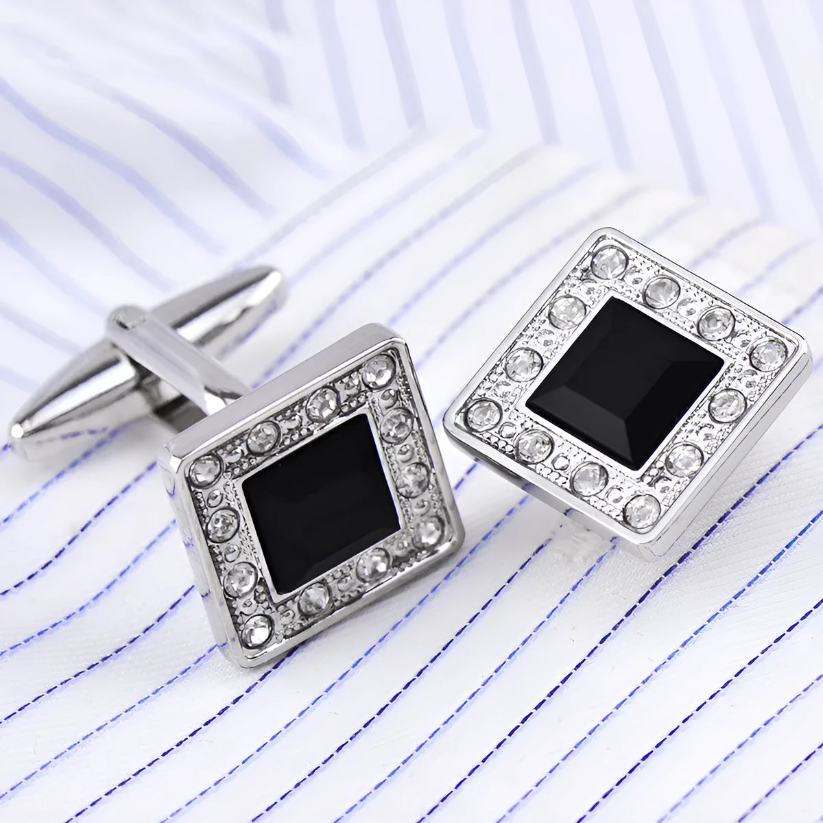 Black crystal French cufflinks with button feet for formal shirts, one pair