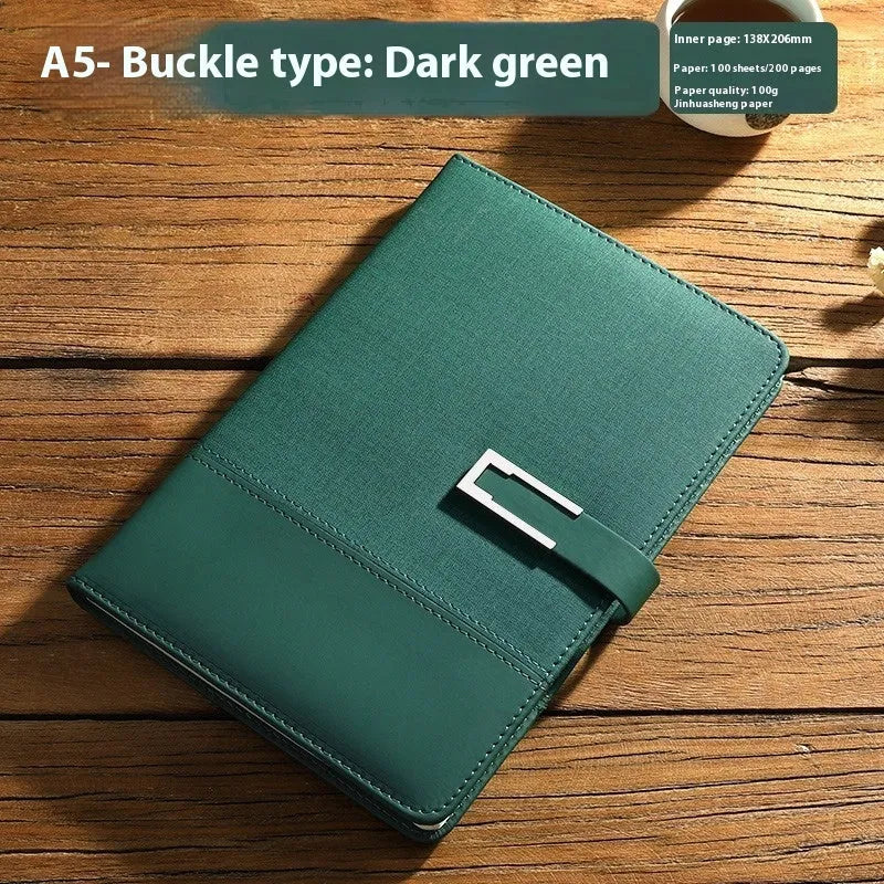 A5 soft leather business notebook in brown, black, green, blue, and red colour options.
