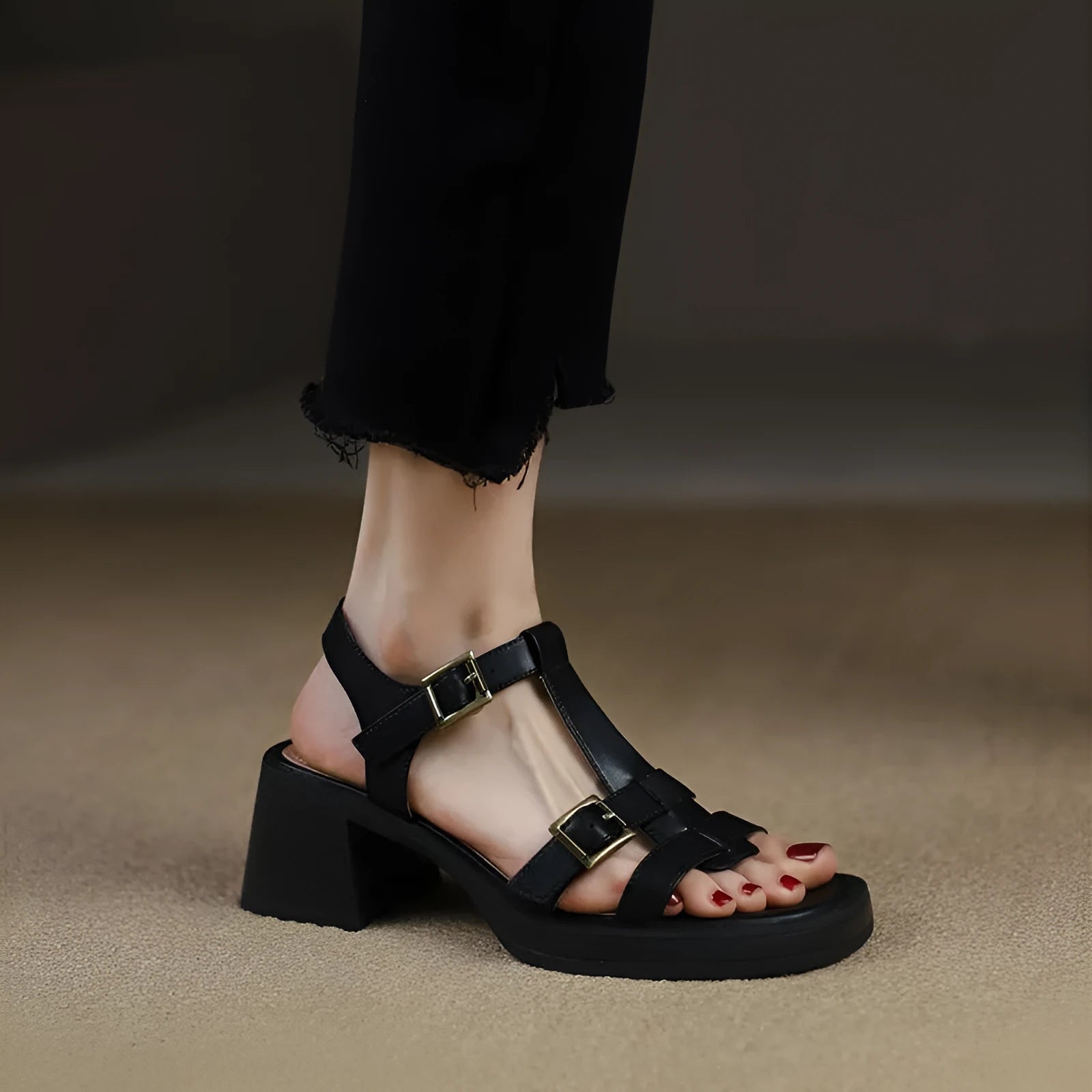 Women's black retro high heel sandals with a T-shaped buckle and chunky platform sole.