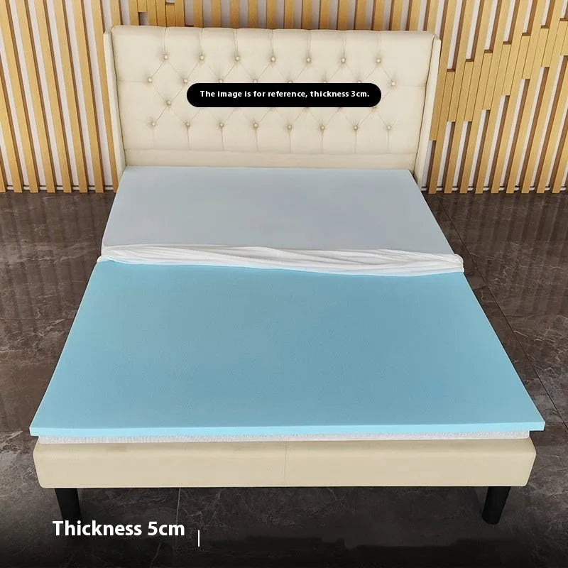 Thin gel memory foam tatami mattress on a floor, showing its slim profile and regenerated cellulose fabric cover.