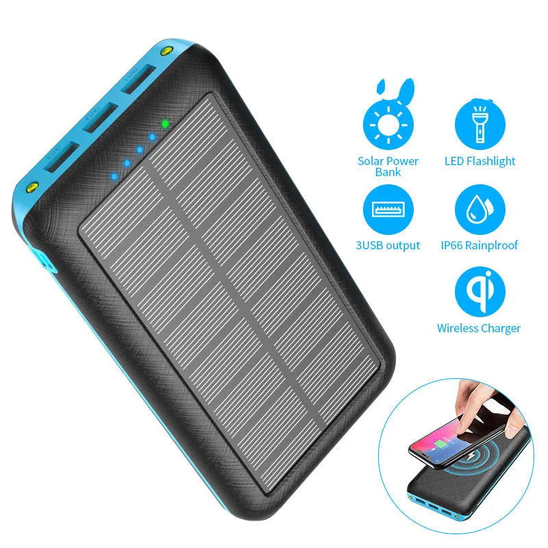 Black portable power bank with wireless Qi charging pad, three USB ports, and LED flashlight for iPhone Samsung Xiaomi phones