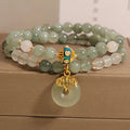 Oil green aventurine jade women's bracelet with double-layer design, crystal, rhinestones, and safety peace buckle