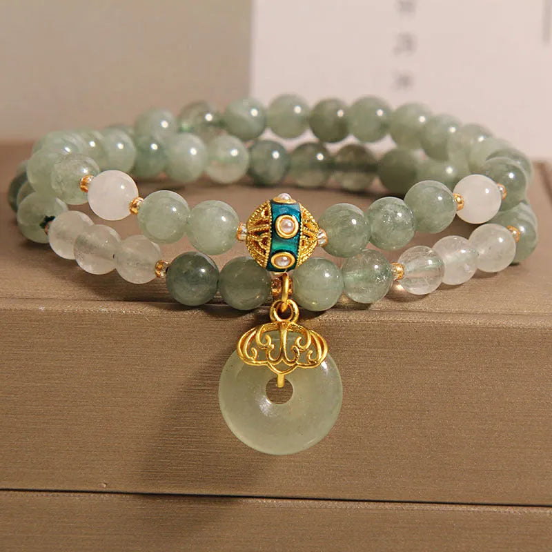 Oil green aventurine jade women's bracelet with double-layer design, crystal, rhinestones, and safety peace buckle
