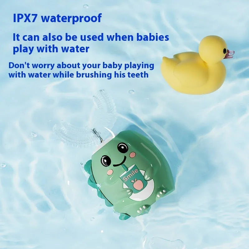 Children's cartoon dinosaur electric toothbrush with U-shaped silicone brush heads, straight handle brush heads, DC charger, in green, pink or blue