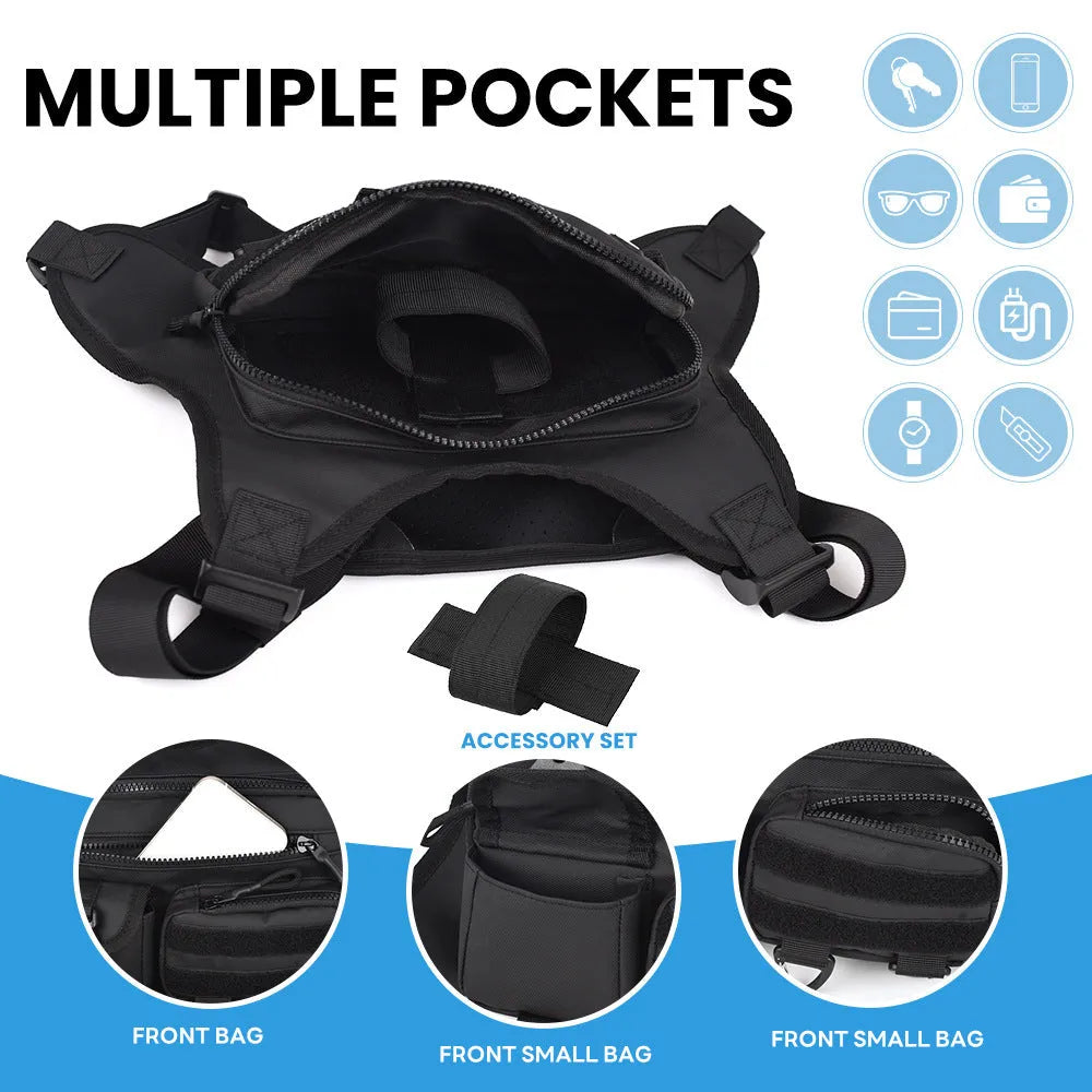 A man wearing a black Oxford cloth chest bag vest with adjustable straps, suitable for riding and outdoor sports.
