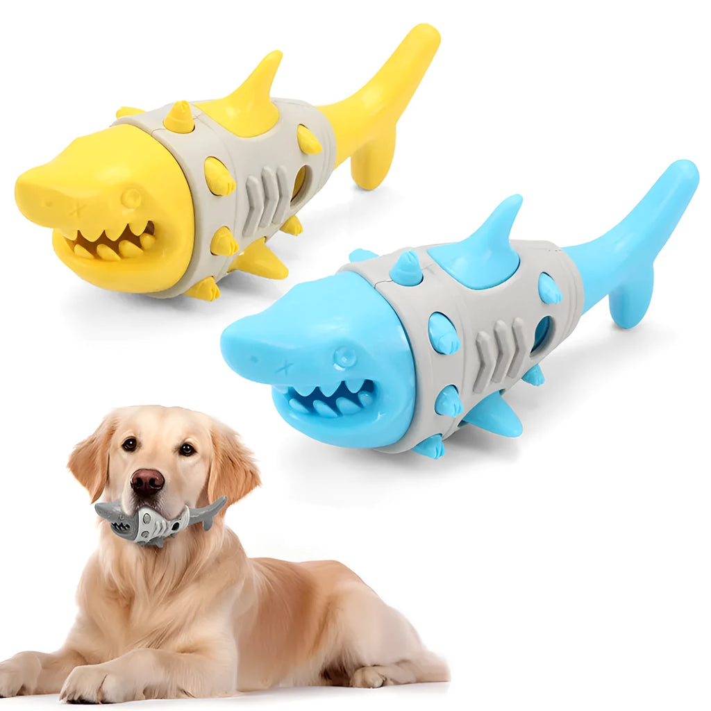 Blue shark-tooth dog chew toy with textured cleaning surfaces and bite-resistant construction