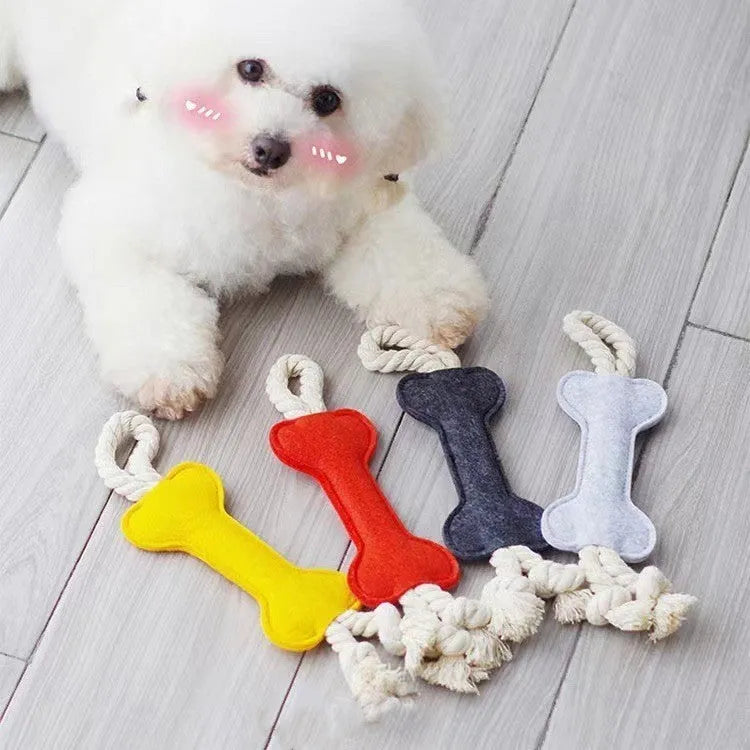 Bone shaped dog toy with rope knot construction in four colour options for bite resistant training