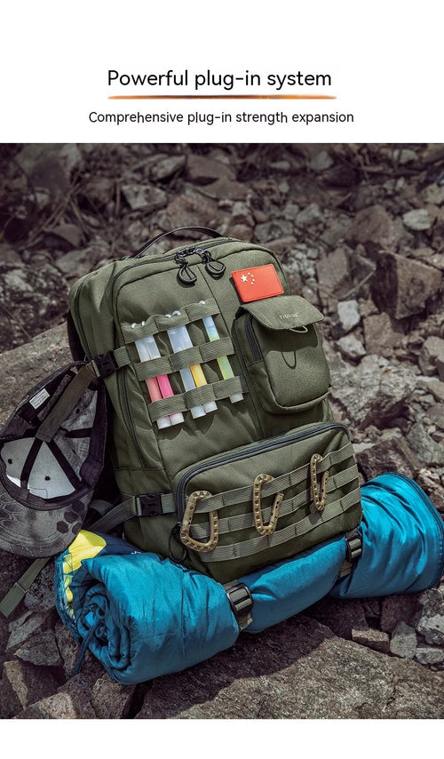 Army green 17-inch tactical nylon backpack with 20-35L capacity for outdoor use.