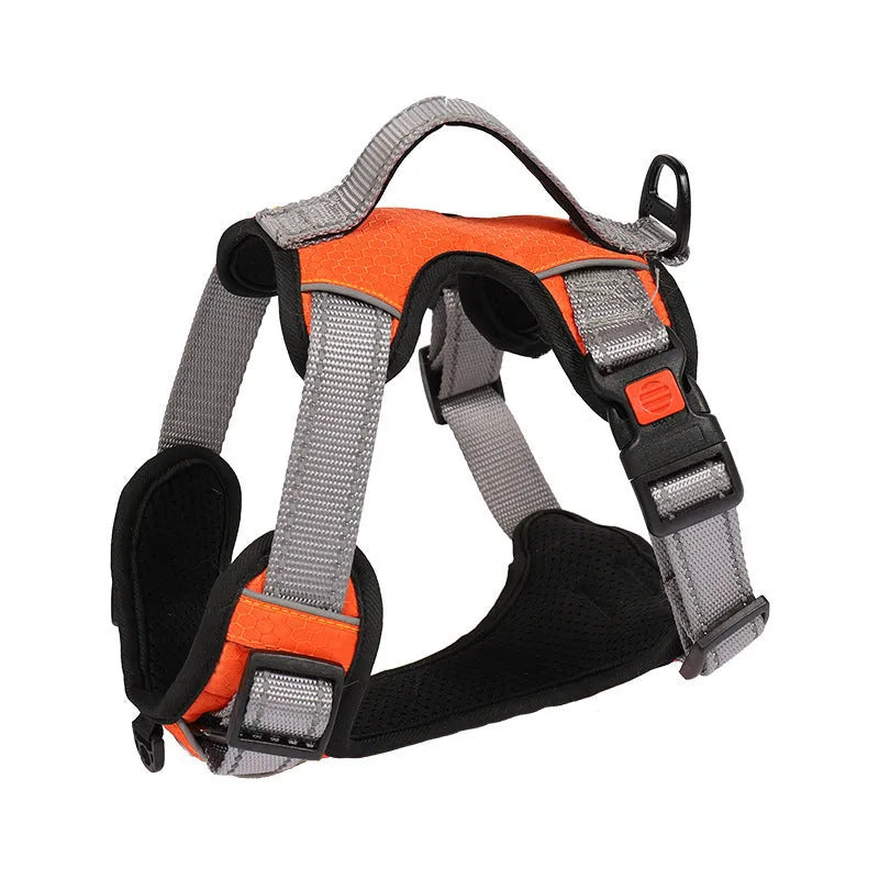 Orange dog harness vest with hand holding rope attached to chest strap for walking control
