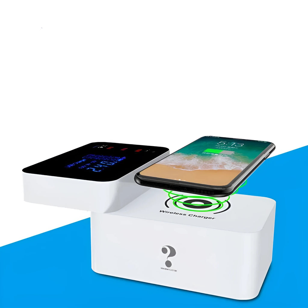 White multi-port USB fast charger with wireless charging surface and 1.5 metre cable