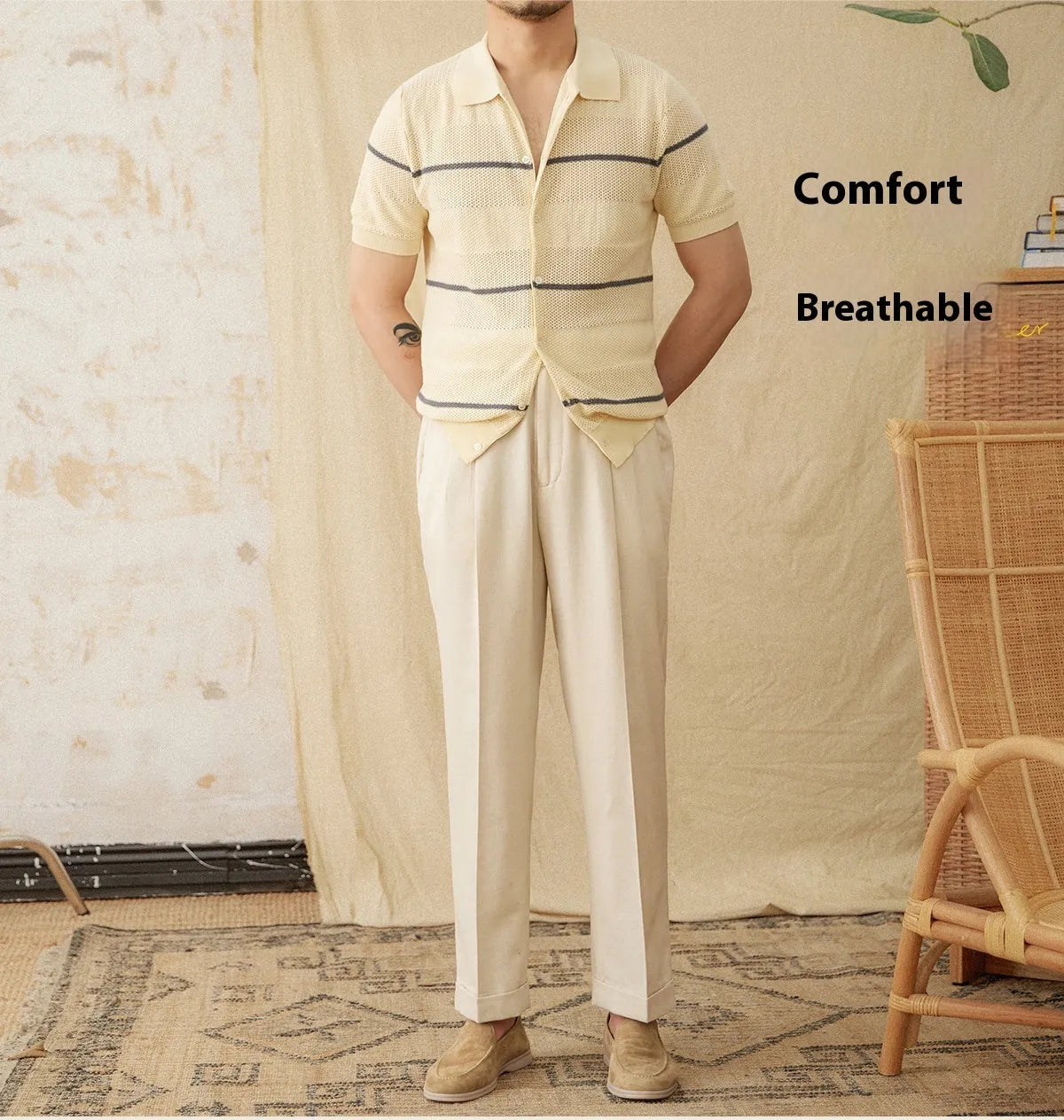 Men's camel coloured lapel cardigan with short sleeves, made from a cotton linen knitted fabric.