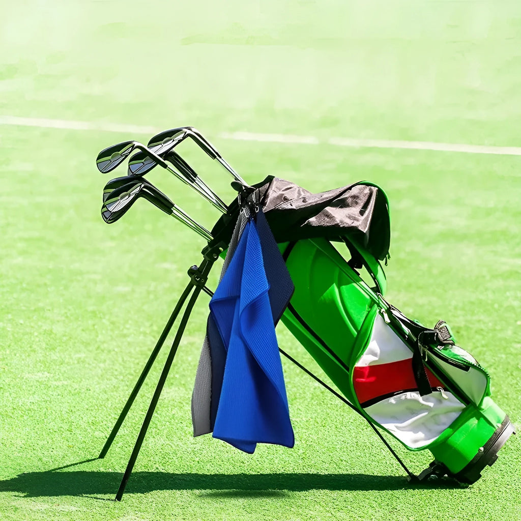 Waffle weave golf ball cleaning cloth towel showing texture detail and colour options