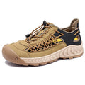 Men's hand-woven closed-toe sandals in light grey with elastic band and rubber soles