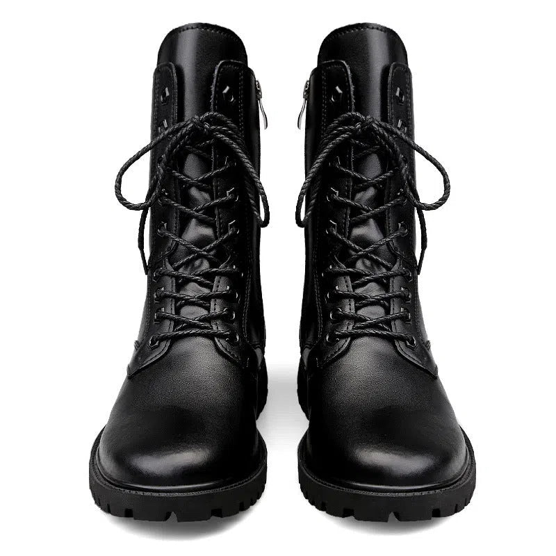 Men's black high top Martin boots with side zip, first layer cowhide upper, rubber sole, round toe, flat heel, sizes 35-52