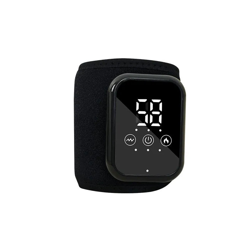 Black rechargeable electric heating ankle sleeve wrapped around an ankle