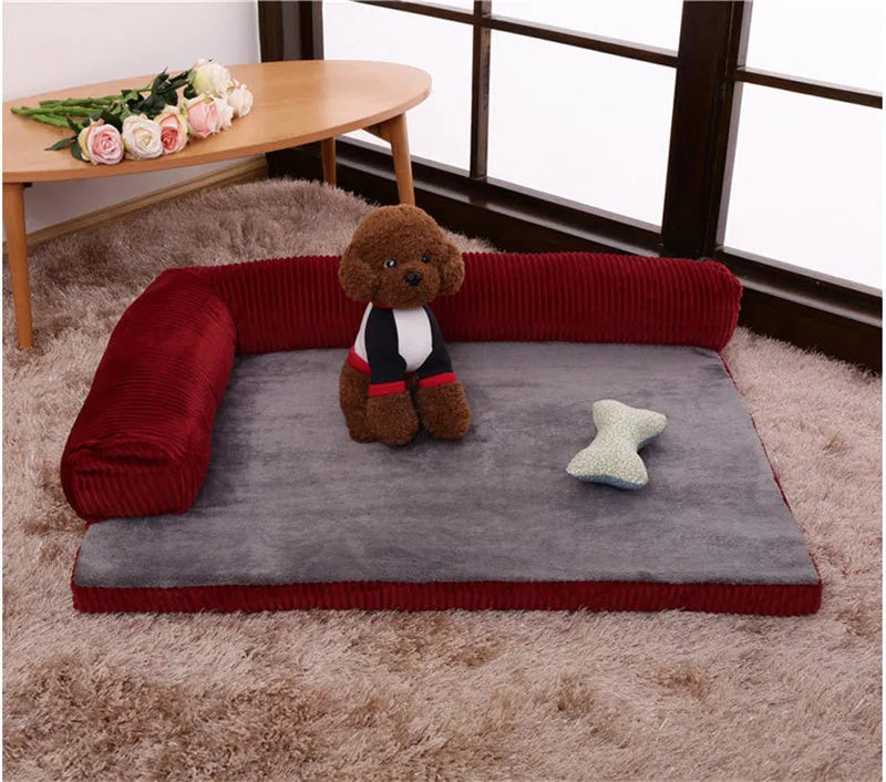 Corduroy pet sofa dog bed with removable cover in coffee colour showing non-slip base