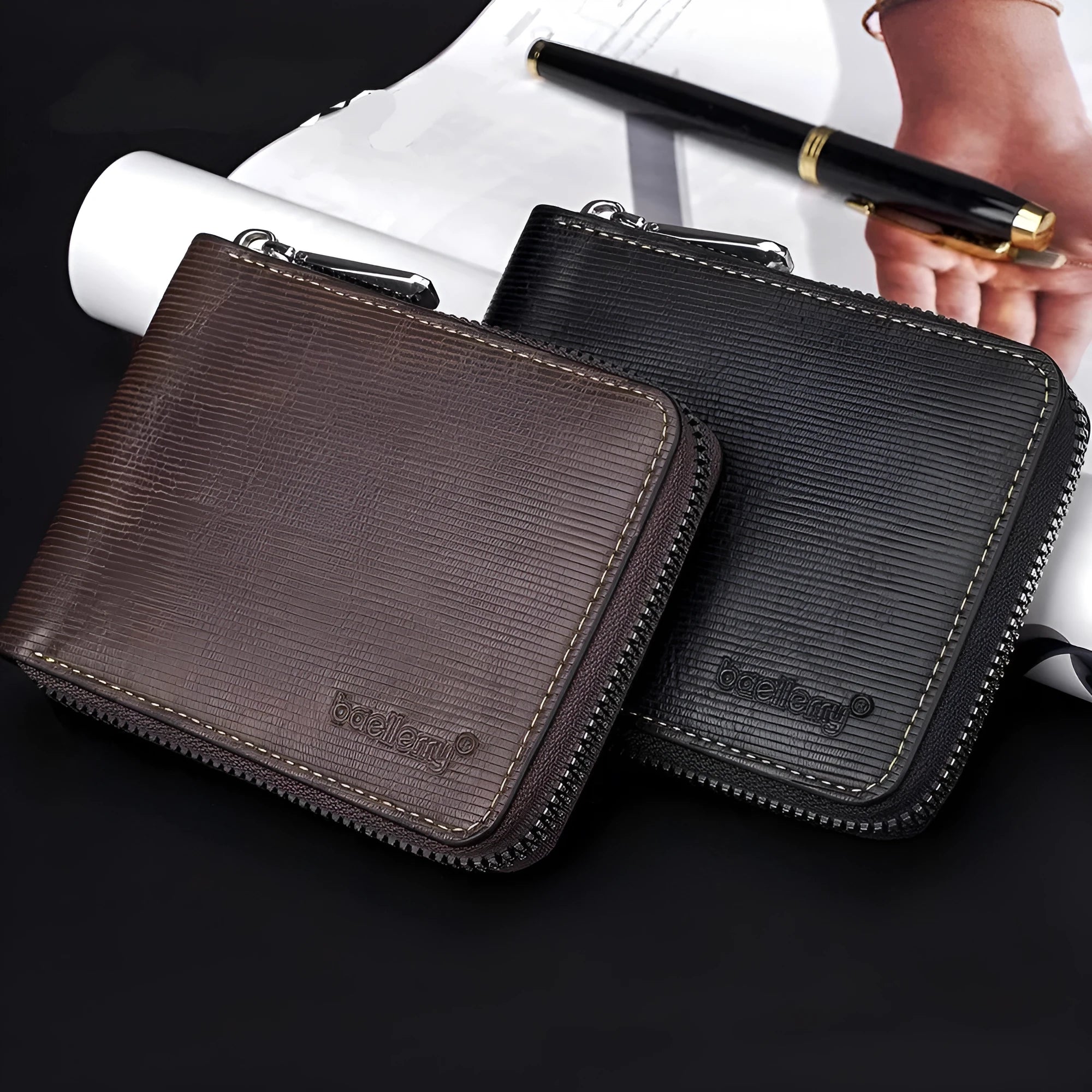Black PU leather credit card wallet with zipper closure and embossed pattern detailing