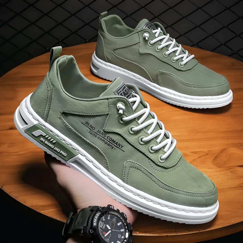 Men's canvas sneakers with letter print, elastic lace-up, breathable mesh lining, platform rubber sole, available in green black grey.