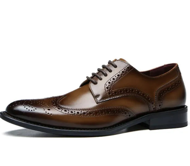 Men's genuine leather business casual dress shoes in black with two-layer cowhide upper and rubber sole