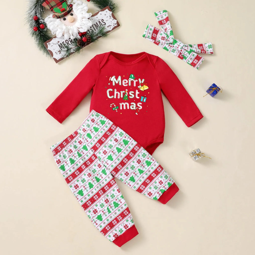 Christmas tree print 3-piece baby outfit with long-sleeve bodysuit, pants, and hat in cotton blend, unisex sizes 3-24 months