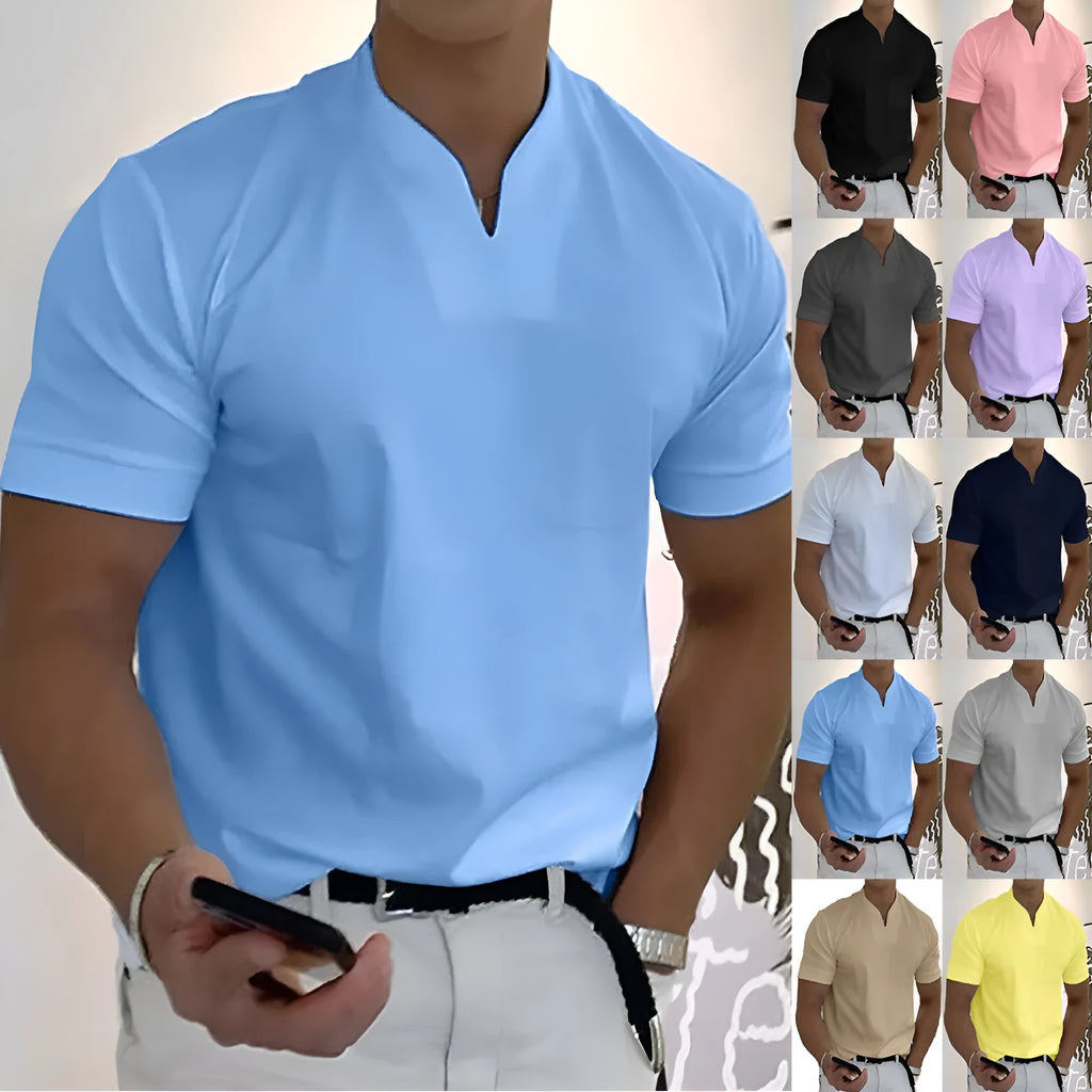 Men's loose fit short sleeve sports T-shirt with stand collar and pocket, available in 12 colours and sizes S to 5XL.