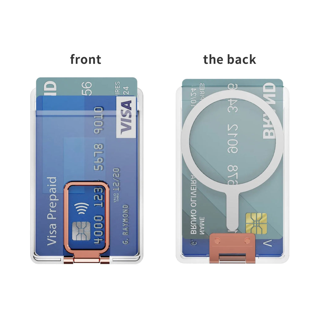 Magnetic card holder bracket with transparent support for phone back cover, shown in black, silver, gold and rose gold options.