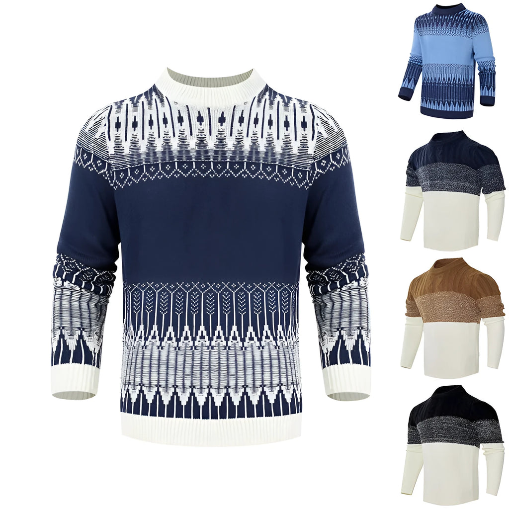 Men's grey knitted sweater with long sleeves, crew neck, and ribbed hem cuffs laid flat