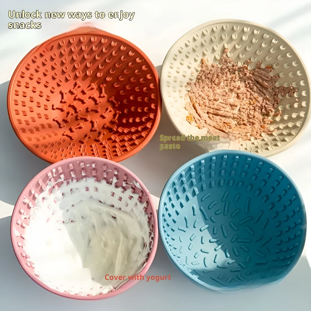Silicone dog slow feeder bowl with three-compartment Ding Ding plate, 21cm diameter, in coral red or yellow.