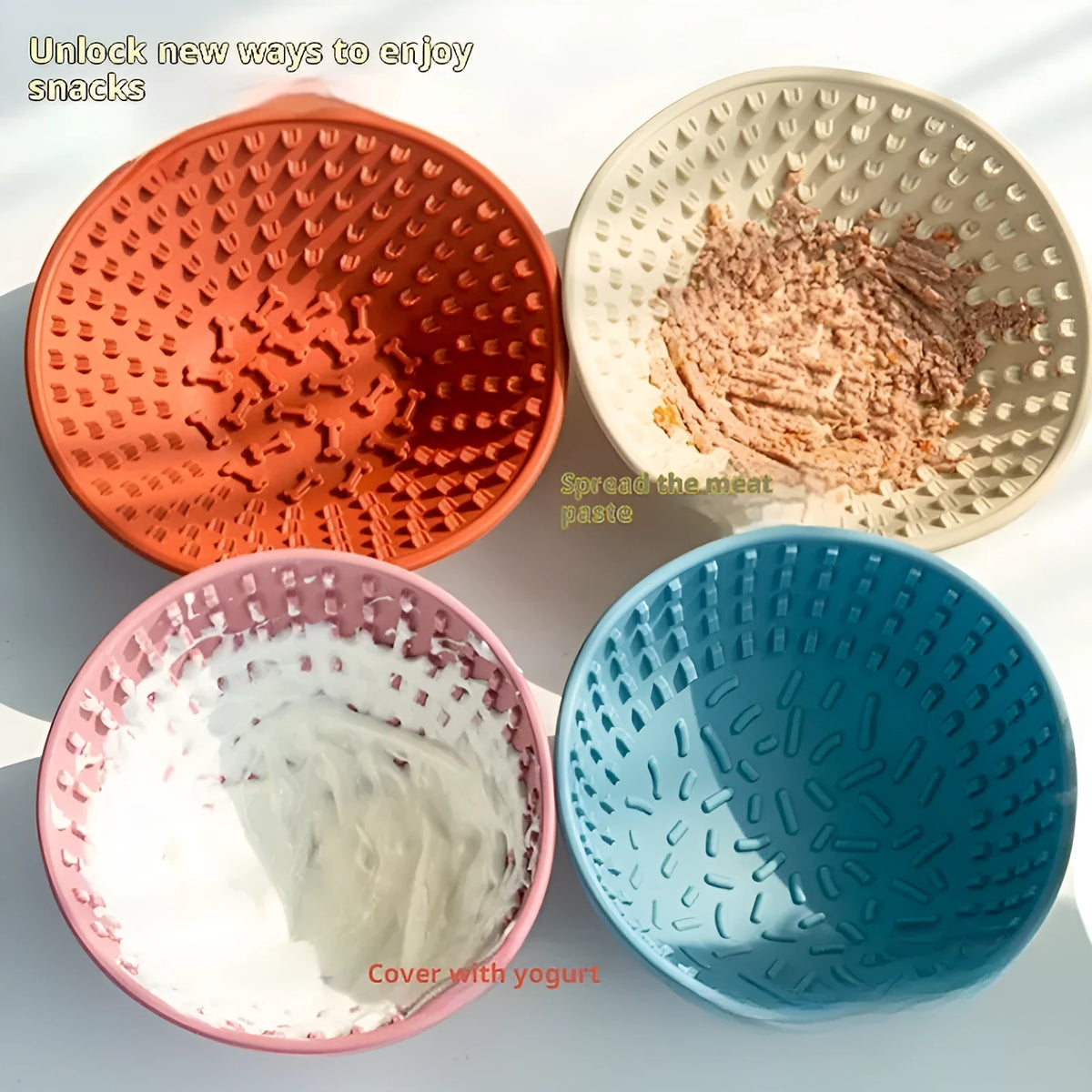 Silicone dog slow feeder bowl with three-compartment Ding Ding plate, 21cm diameter, in coral red or yellow.