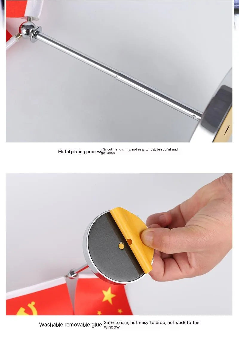 Adjustable metal telescopic rod decoration with a coloured polyester flag on a stand, shown on a car dashboard.