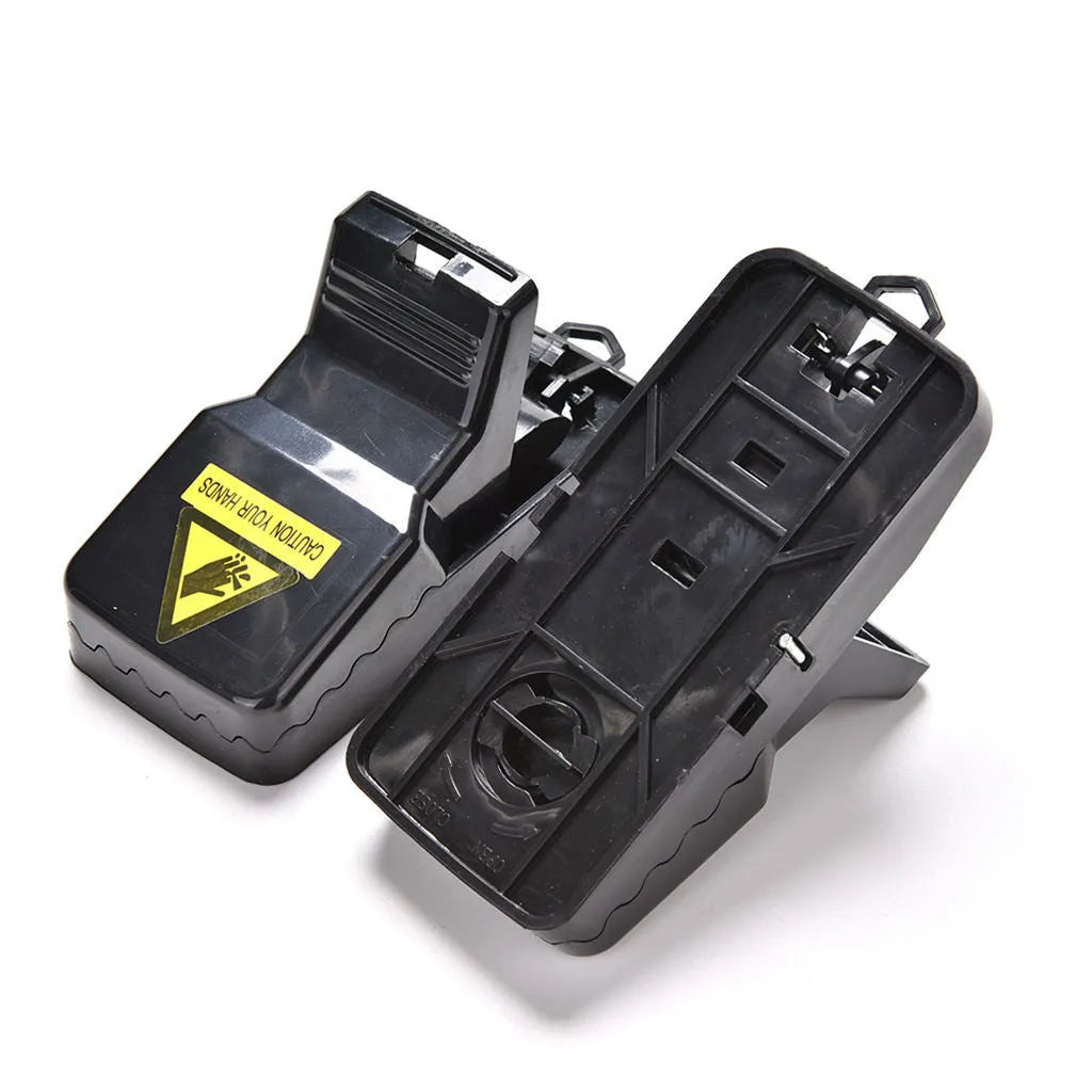 Pack of six black plastic mousetraps showing snapping mechanism and measurements