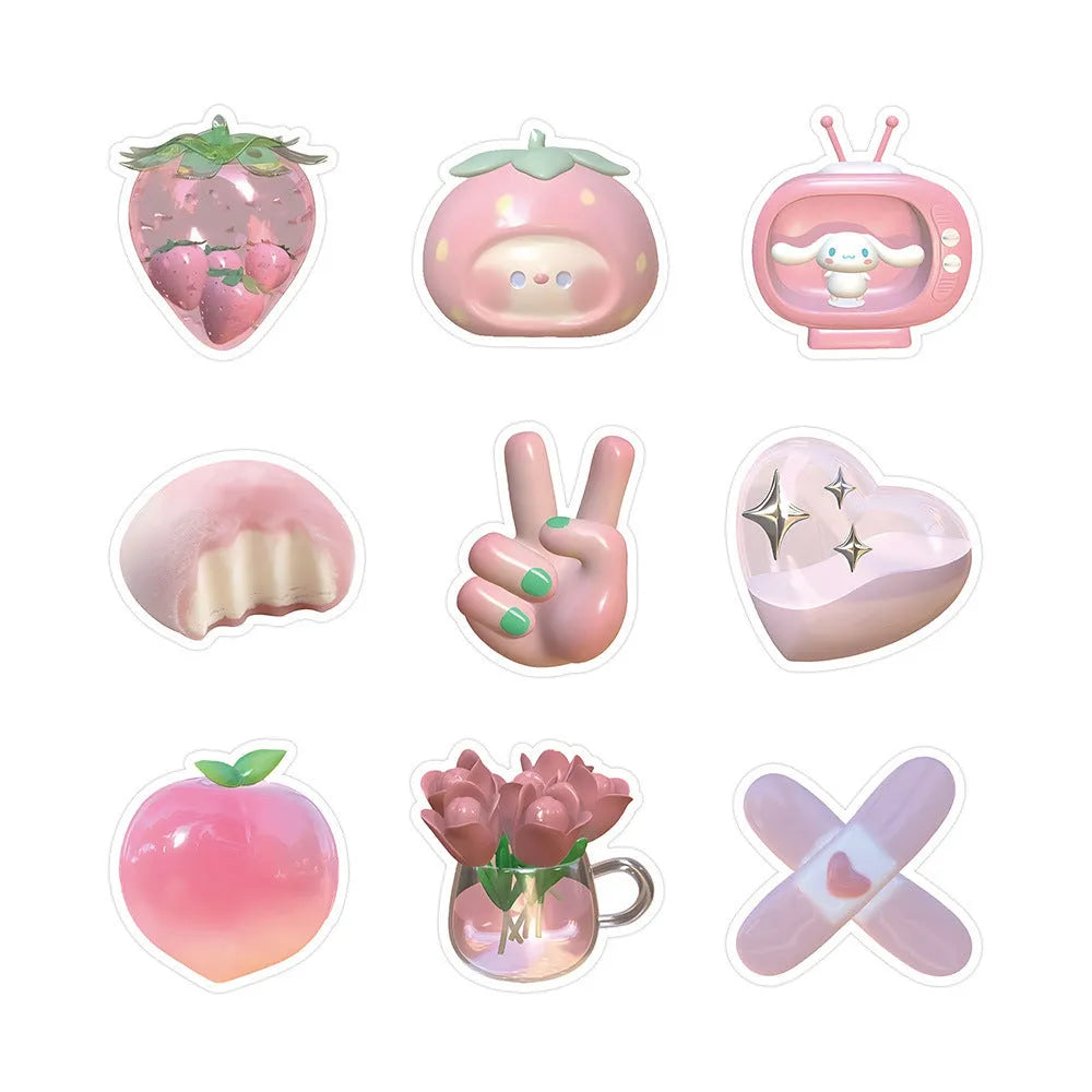 Pink girl heart 3D decorative stickers in light colours with realistic printing for craft and journal projects