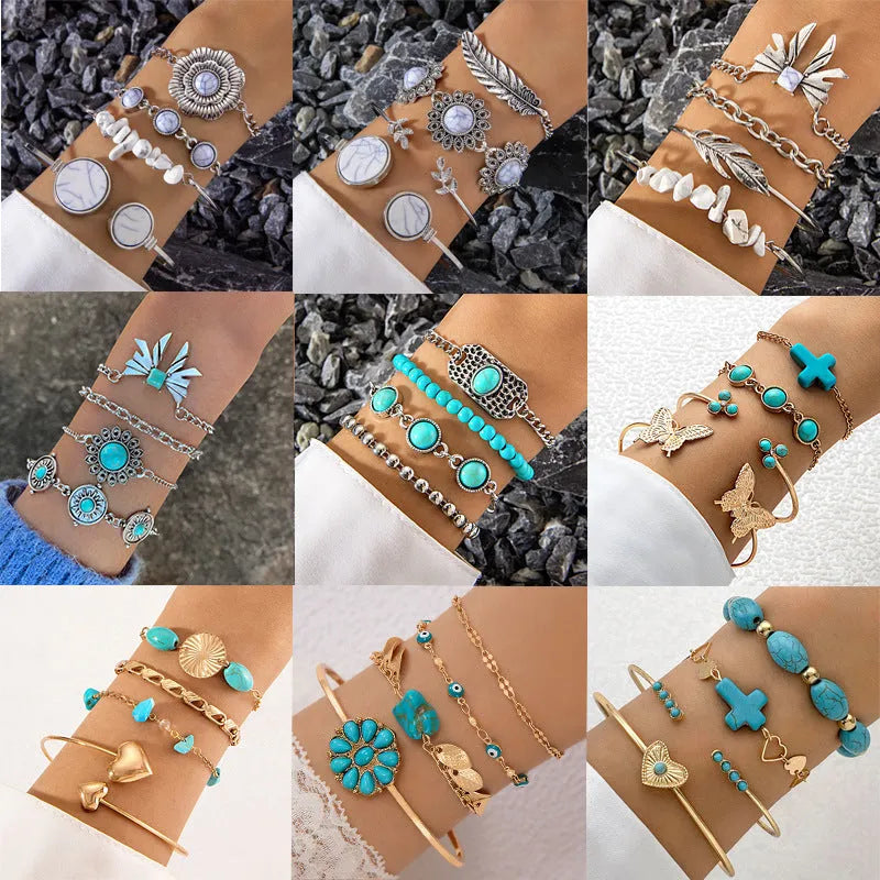 Turquoise alloy butterfly bracelet set with exaggerated design and electroplated finish