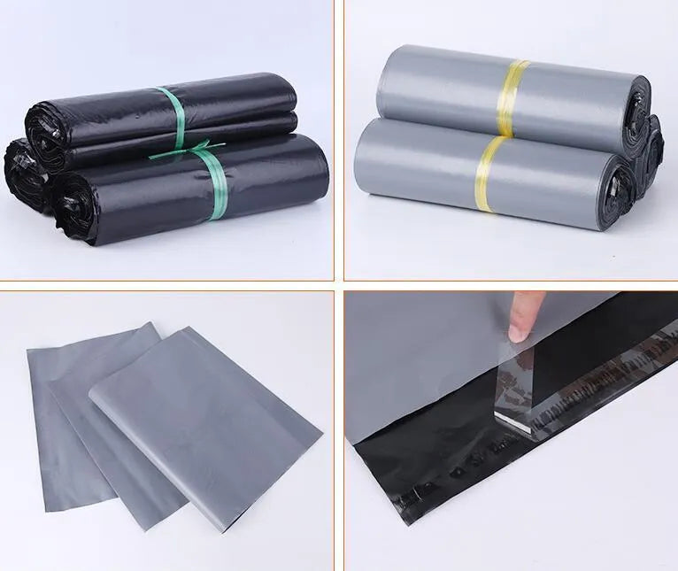 Bundle of 100 white PE courier bags with adhesive sealing strip, showing size options.