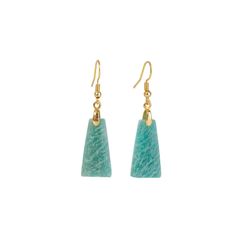 Amazonite rough stone trapezoid earrings with geometric design in gold or silver settings