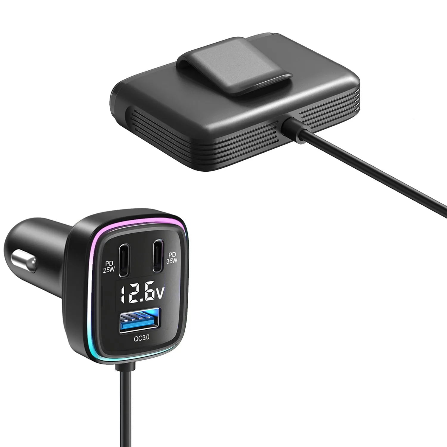 115W fast charge car charger Model GE01 in black ABS PC casing