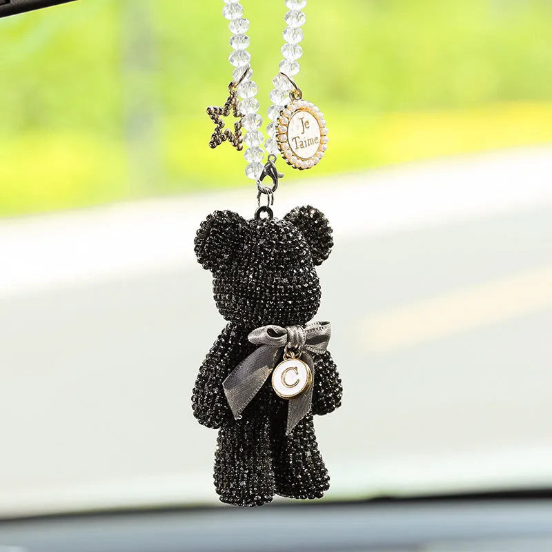 Rhinestone violent bear car rearview mirror pendant in black, white, and mixed pastel colours