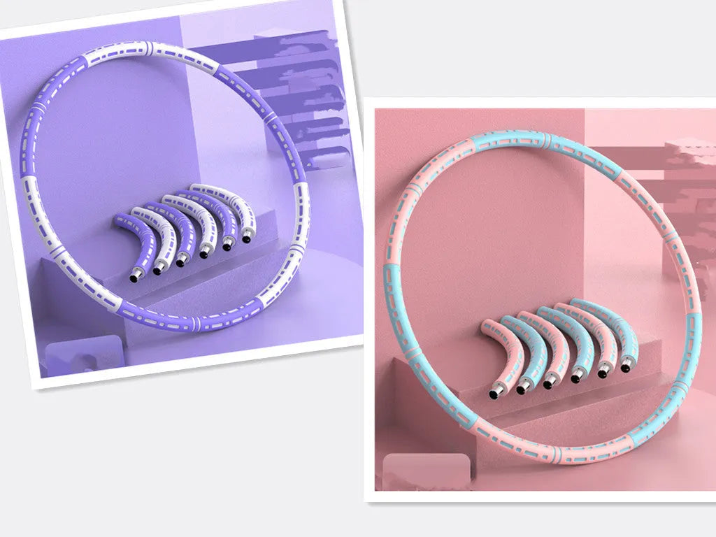 Removable fitness hula hoop with stainless steel tube, foam surface and bump massage floating point, 90cm outer diameter, six sections.
